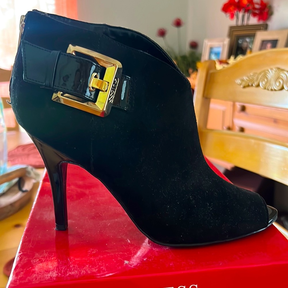 Like NEW, ‘Guess’ brand,  black suede heeled peep toe booties. Size 8.